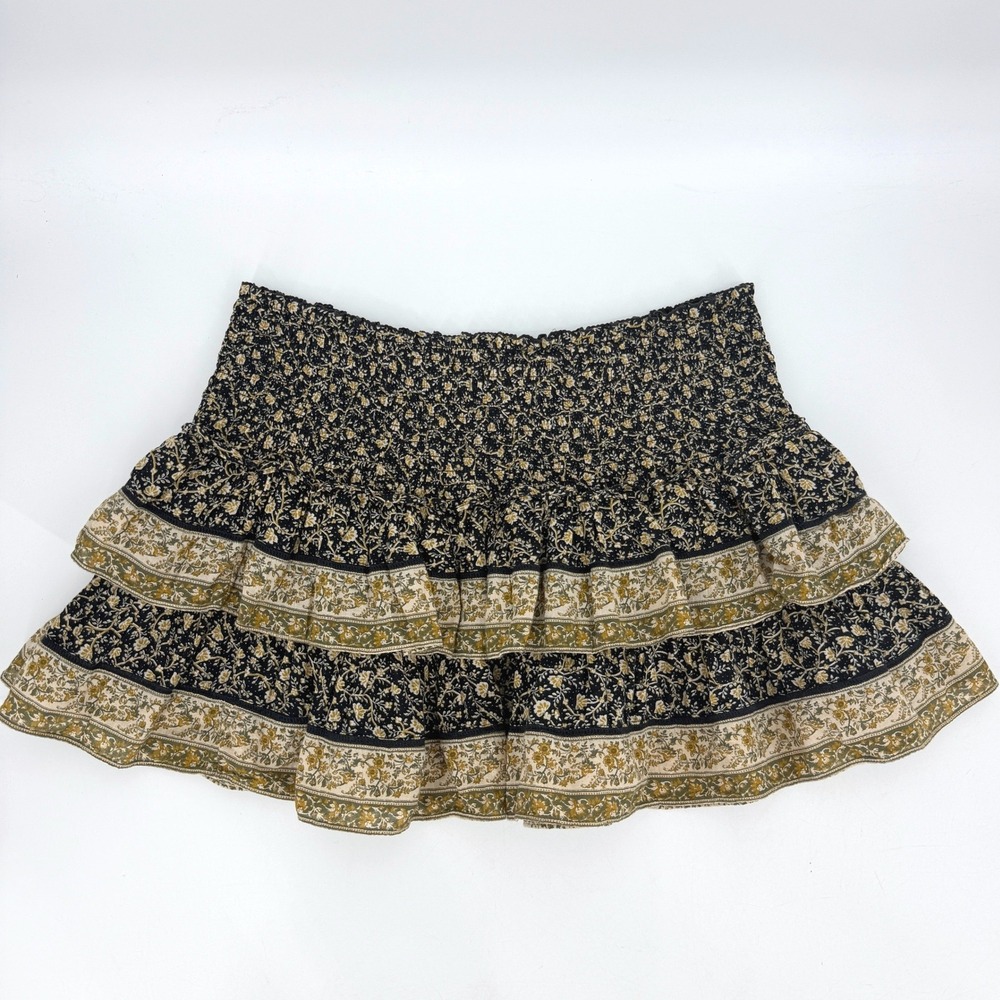 American Eagle Women's Floral Smocked Tiered Ruffle Mini Skirt Black Green XL